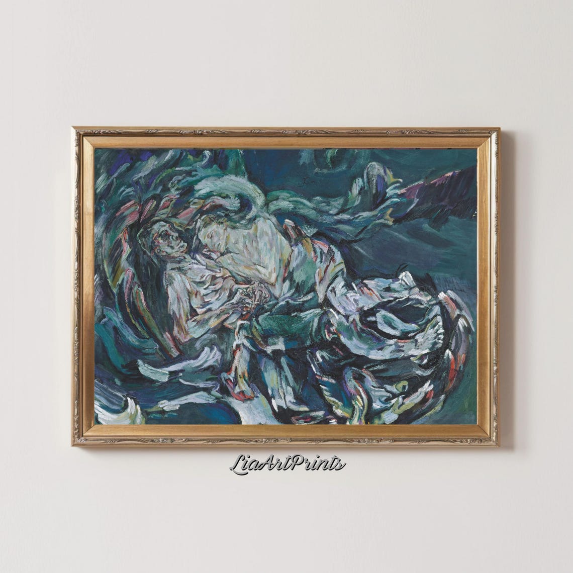Expressionist Figure Amid Swirling Storm Deep Blue and Teal Oil Poster - Image 2