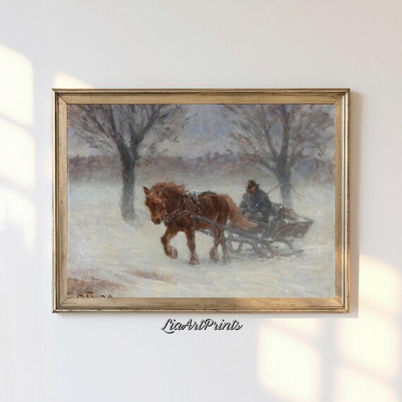 Horse Drawn Sleigh Ride Through Snow Vintage Winter Oil Painting Poster