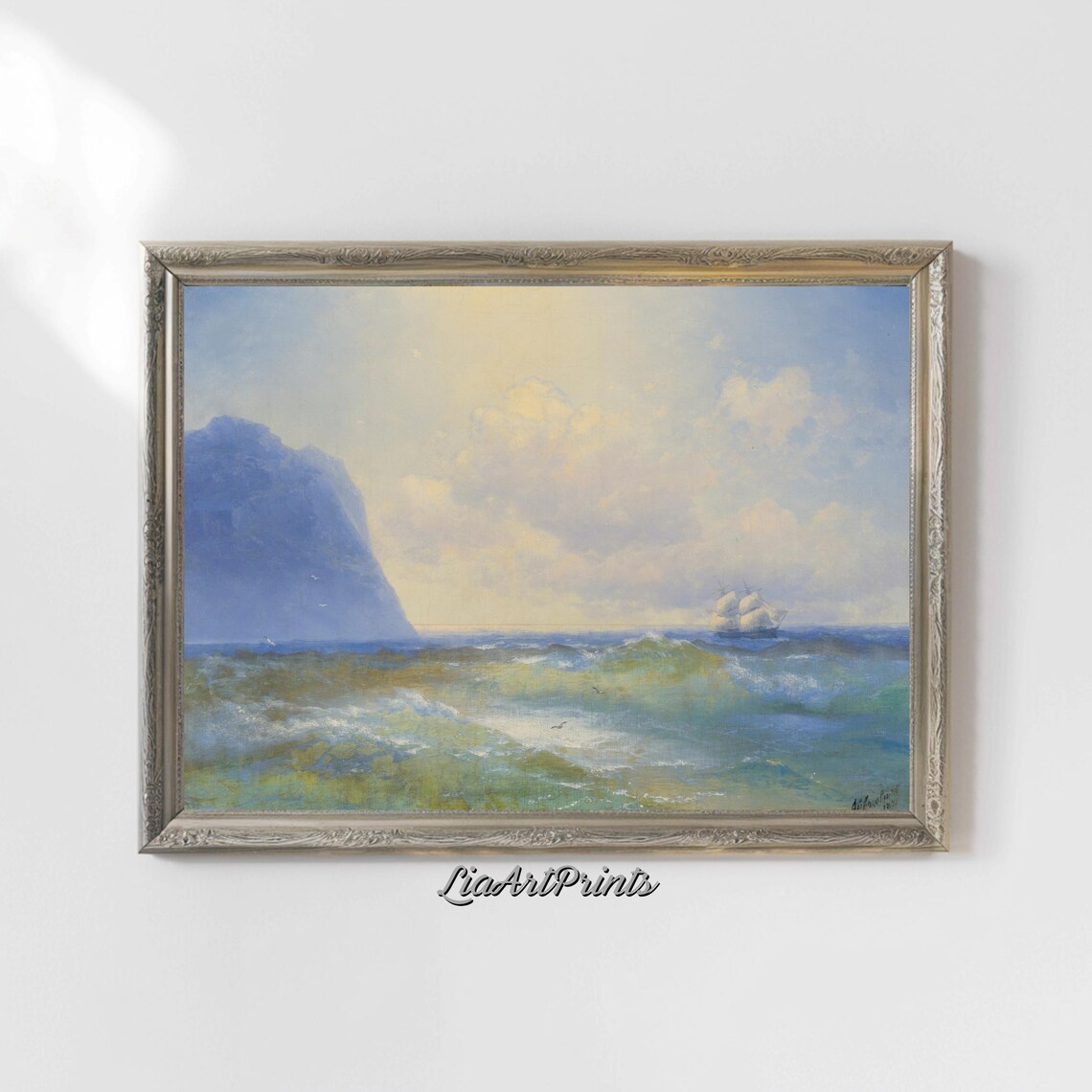 Sailing Ship on Green Ocean Waves Near a Rocky Cliff Vintage Nautical Print - Image 5