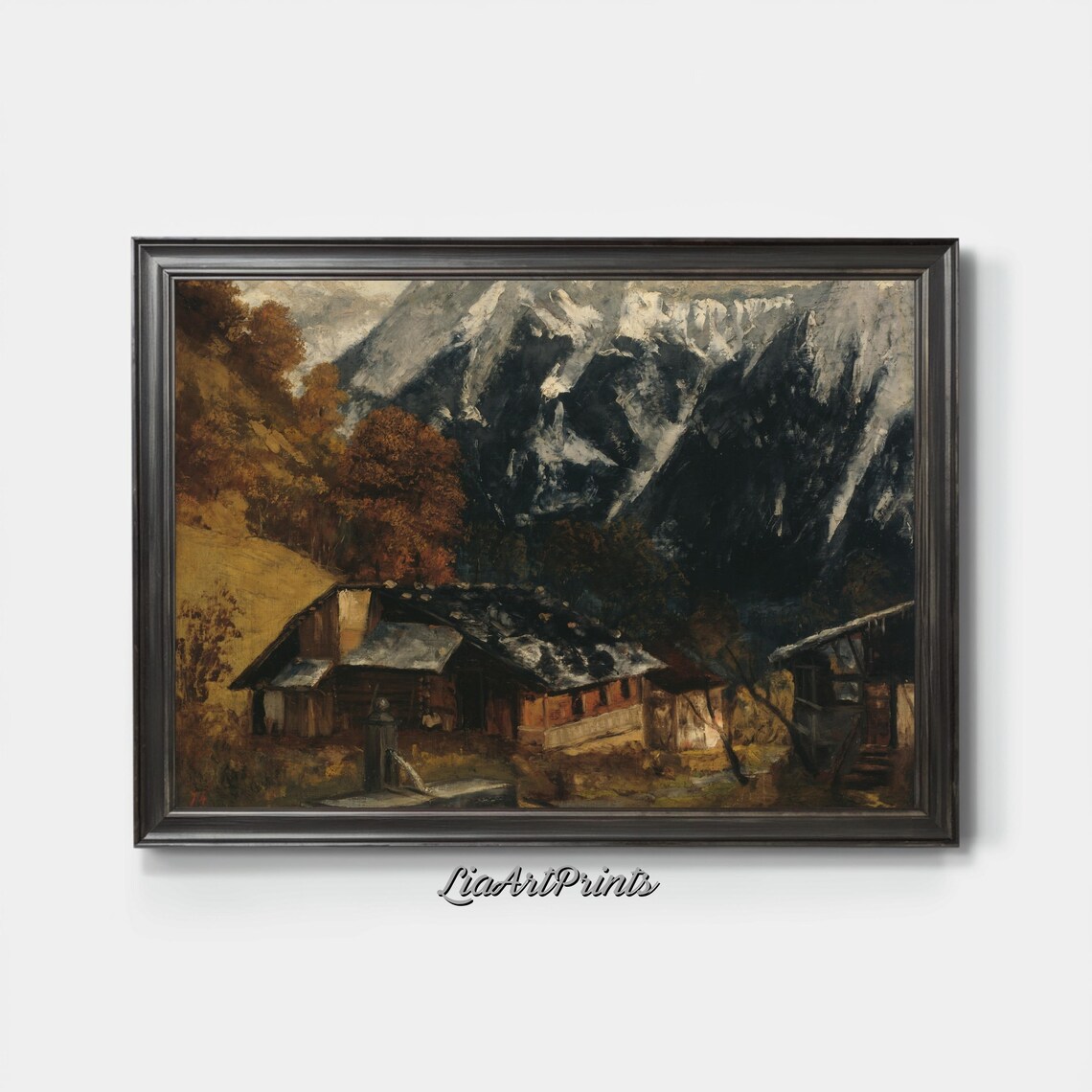 Wooden Chalet Beneath Snow Capped Alpine Peaks Vintage Mountain Poster - Image 3