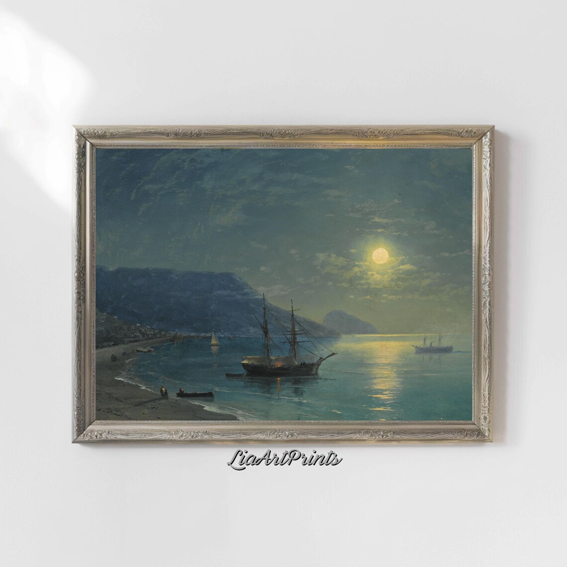 Moonlit Nautical Scene, Vintage Ship Under Moonlight - Image 5