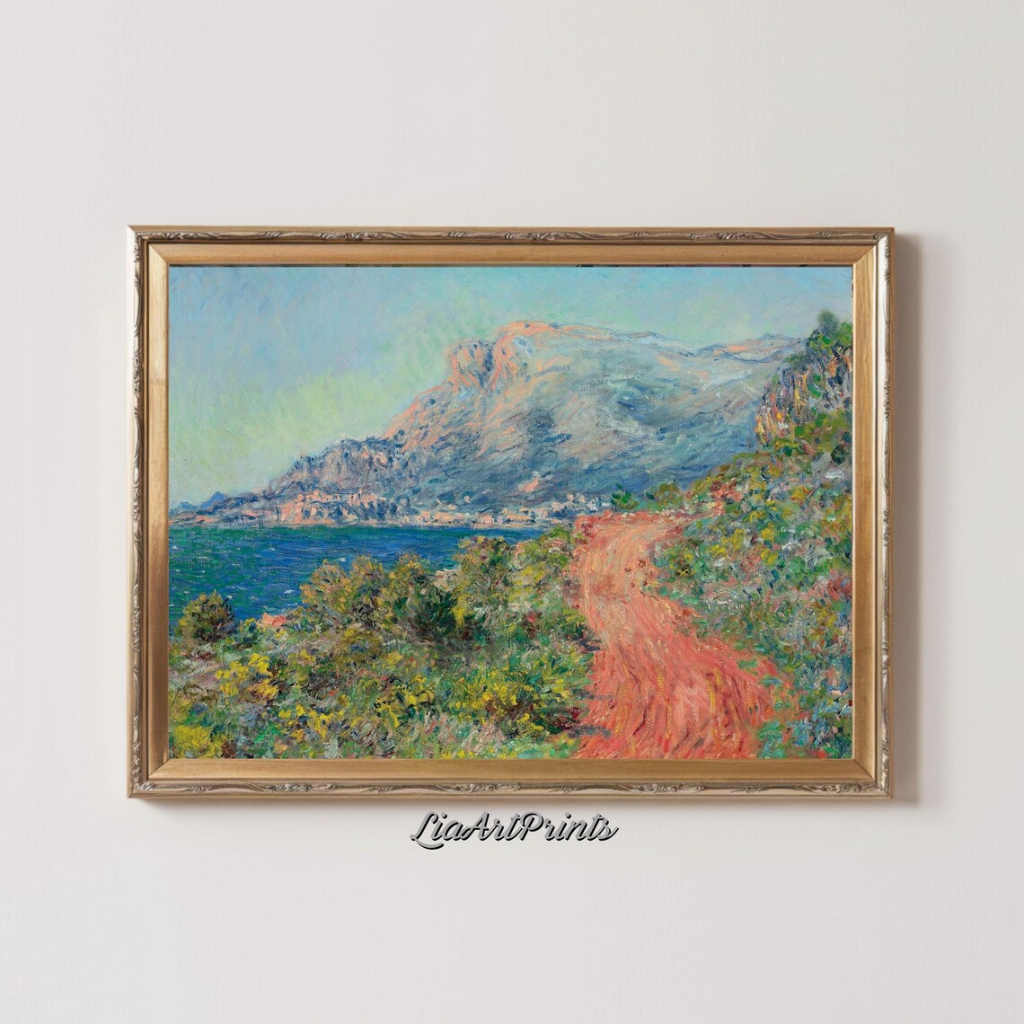 Impressionist Coastal Mountain Path with Red Road and Blue Sea Poster - Image 3