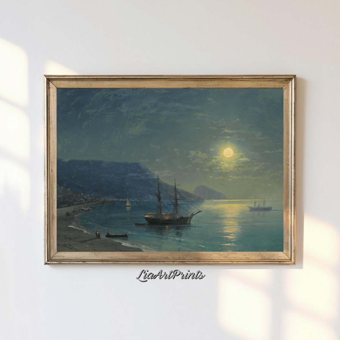 Moonlit Nautical Scene, Vintage Ship Under Moonlight