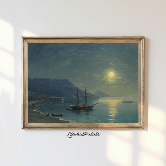 Moonlit Nautical Scene, Vintage Ship Under Moonlight