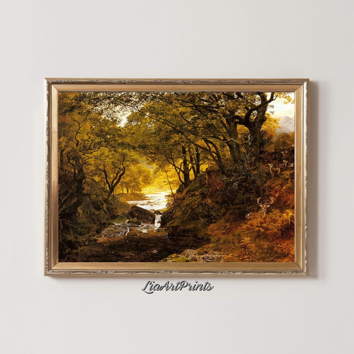 Golden Autumn Forest Ravine with Deer by a Mountain Stream Poster - Image 2