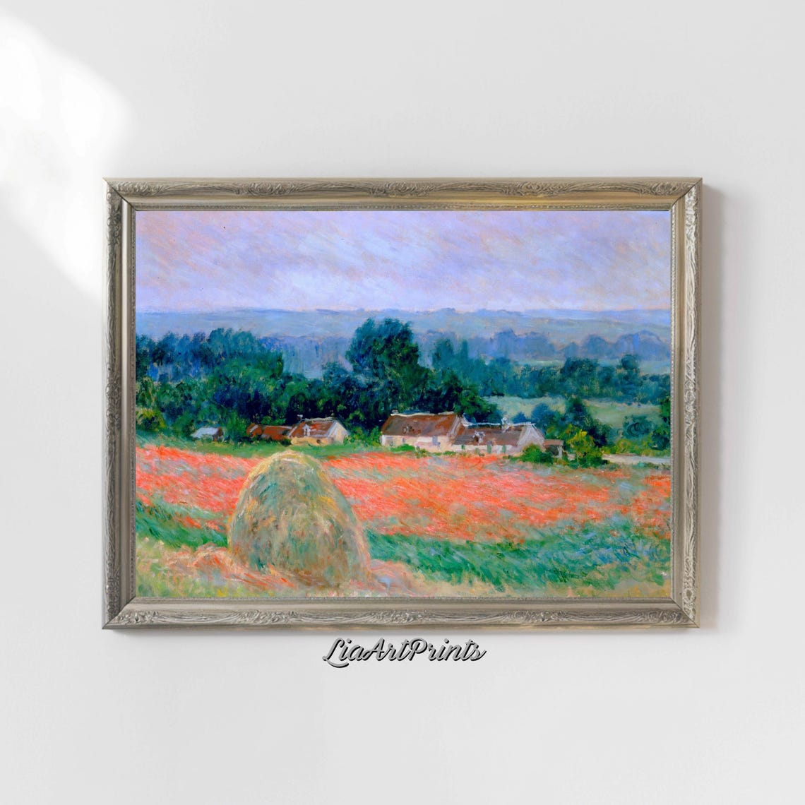 Haystack in Red Poppy Field with Cottages Impressionist Country Poster - Image 4