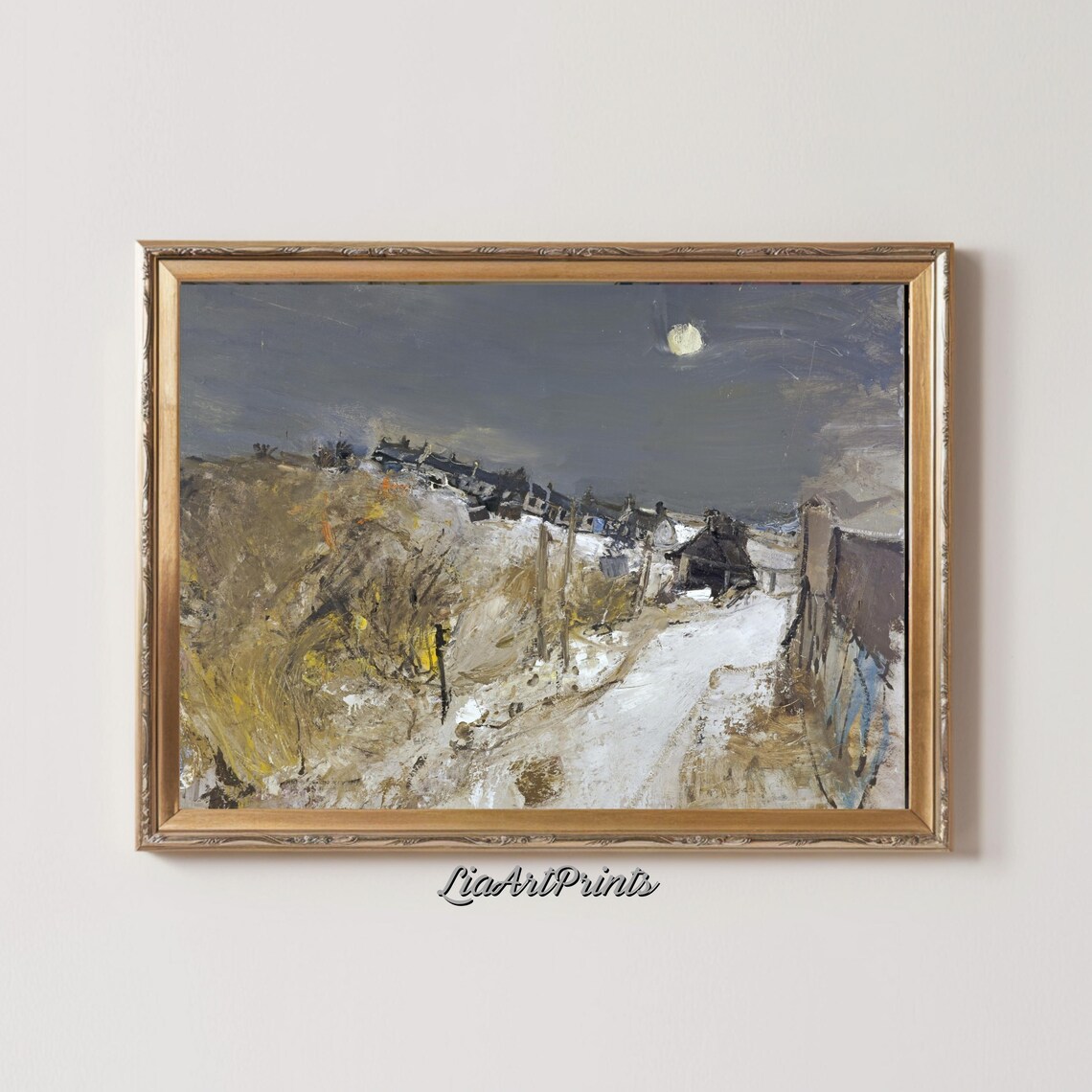 Winter Moonlit Village Landscape, Rustic Snowy Night - Image 2