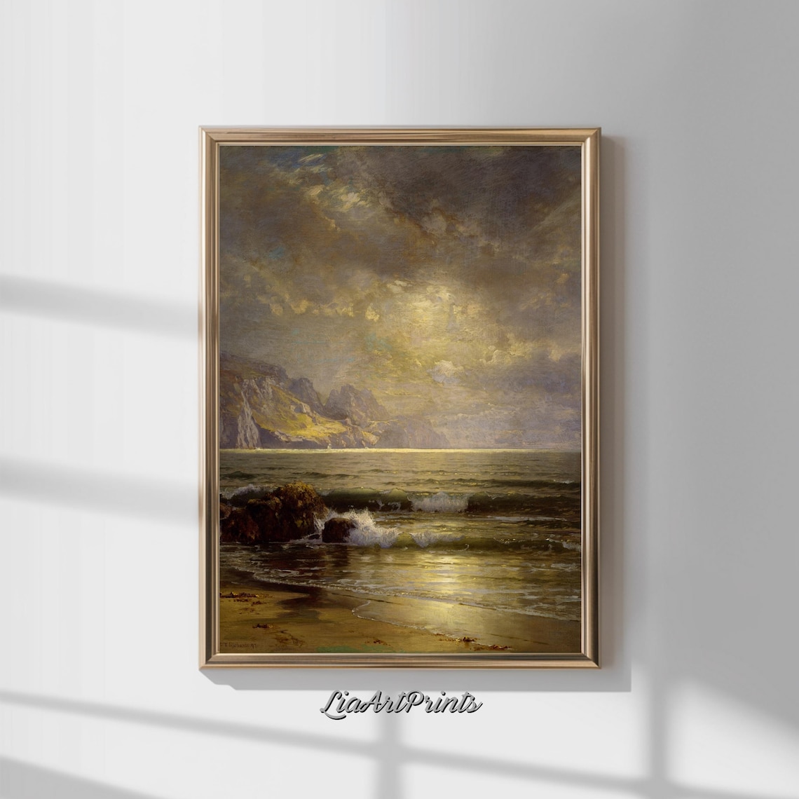 Moonlit Seascape Night Ocean Waves Rocky Coast Golden Glow Poster