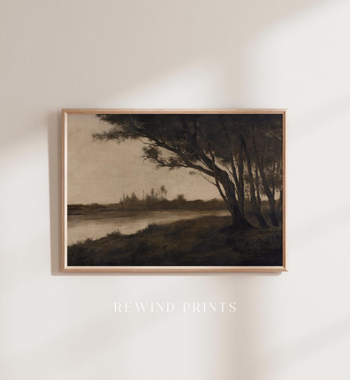 Vintage Moody Riverside Landscape Painting Dark Trees Dusk Wall Art - Image 5