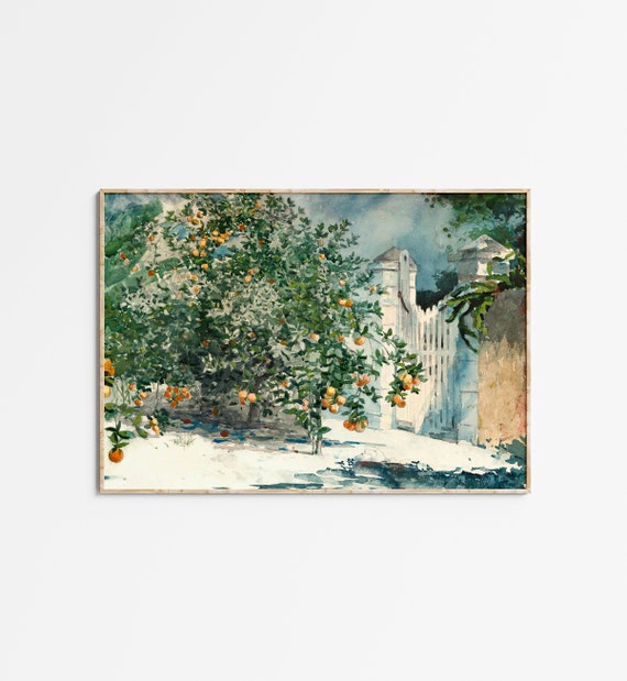 Vintage Colorful Orange Tree Painting Blue Green Kitchen Wall Decor