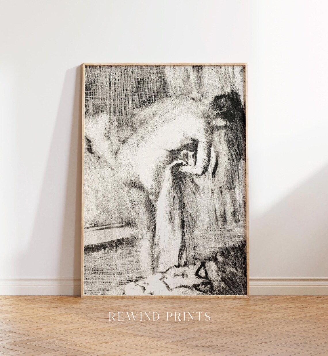 Black White Woman Bath Sketch Abstract Antique Charcoal Figure Drawing Art - Image 5