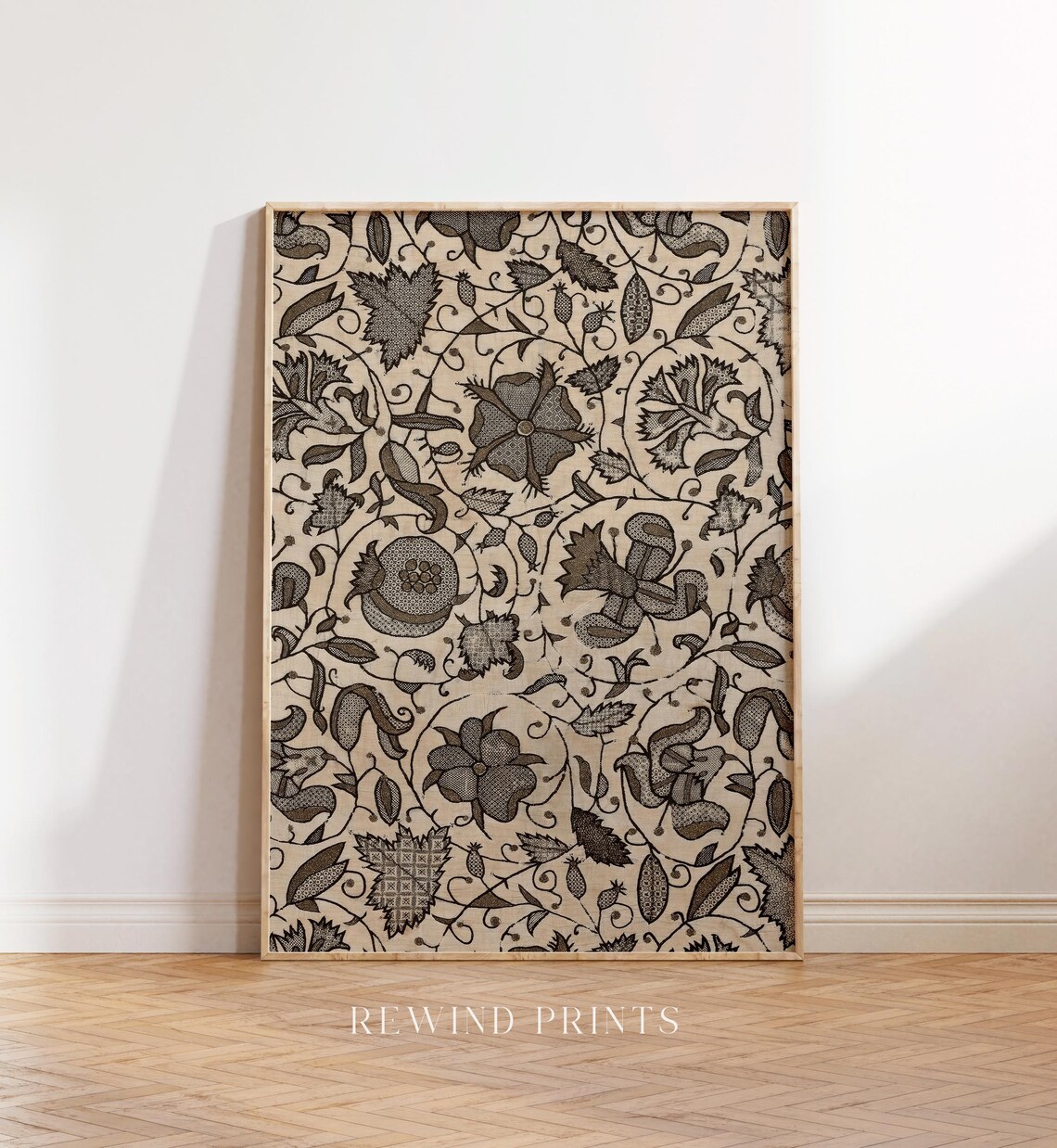 Vintage Neutral Brown Floral Textile Art Print - Image 4