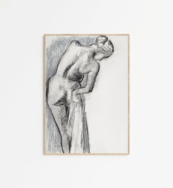 Antique Charcoal Sketch Standing Nude Woman Figure Study Poster