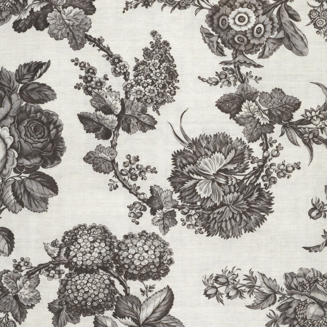 Vintage Black and White Floral Textile Print, Botanical - Image 3