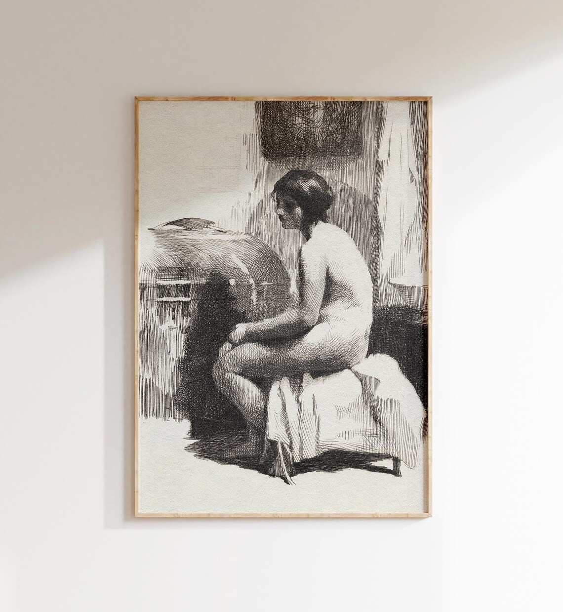 Antique Nude Woman Seated Sketch Black And White Figure Drawing Print - Image 5