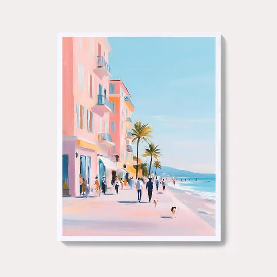 Pastel Promenade Walkers By The Sea Mediterranean Coast Poster