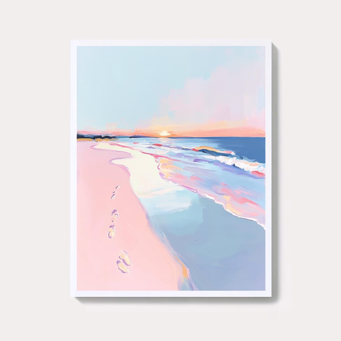 Pink Sand Beach Sunrise Footprints Coastal Ocean Scene Poster