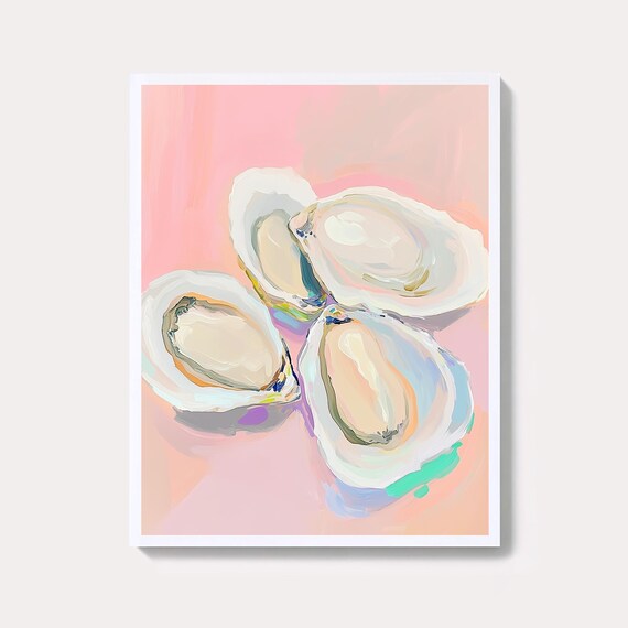 Oyster Shells on Pink Background Coastal Food Art Painting Poster