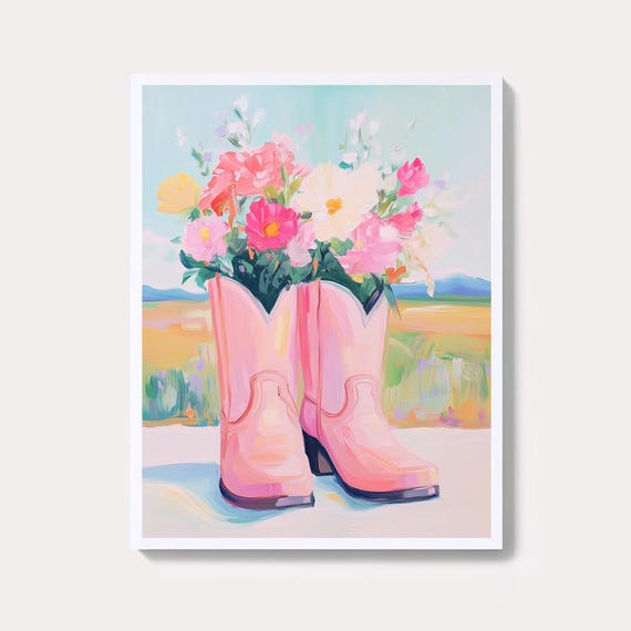 Pink Cowgirl Boots Floral Print Western Nursery Art