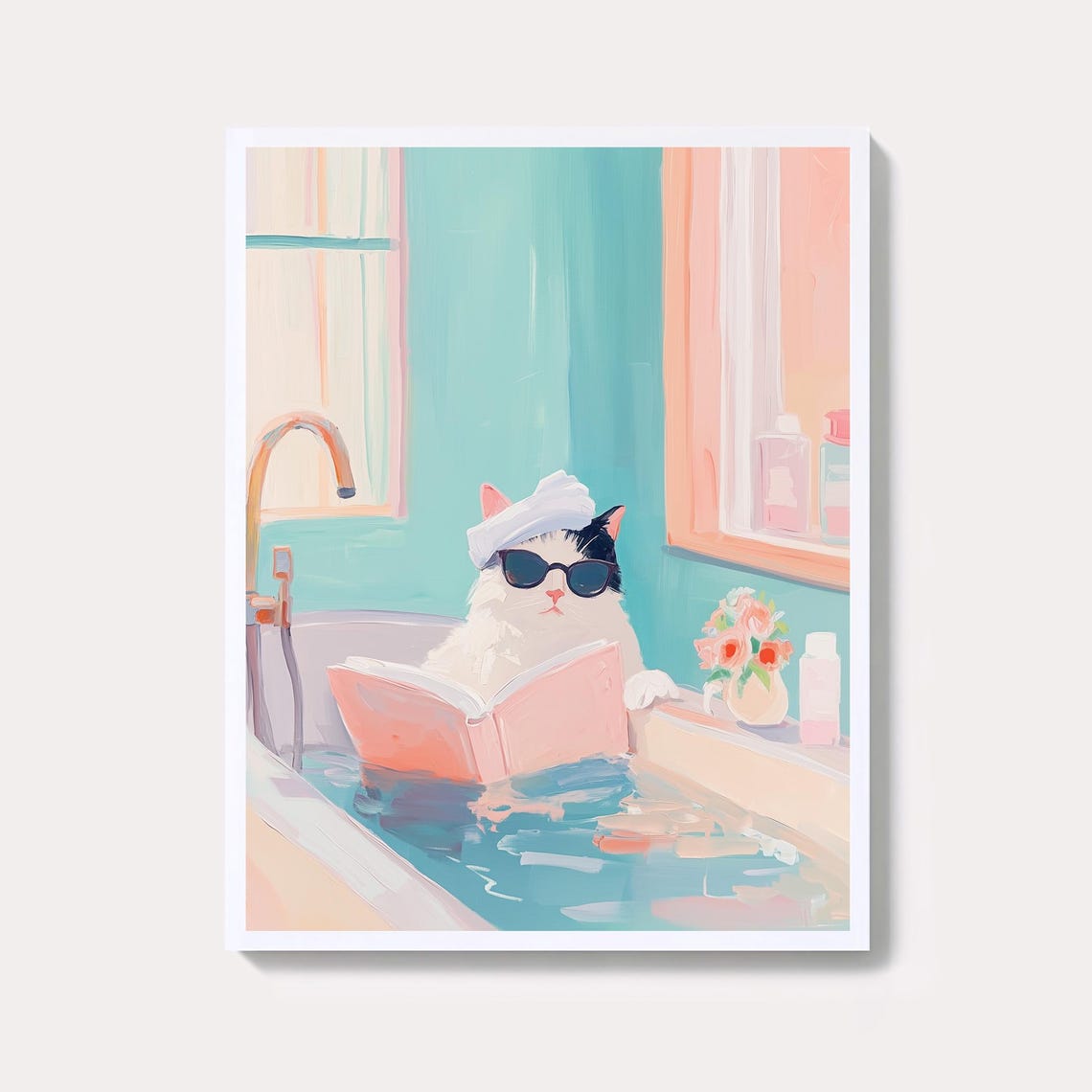 Funny Cat in Bath Wearing Sunglasses Reading Book Whimsical Poster