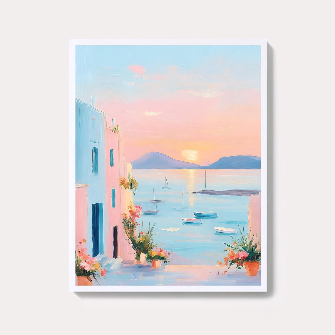 Pastel Italian Coastal Sunset Sea View With Boats Art Poster