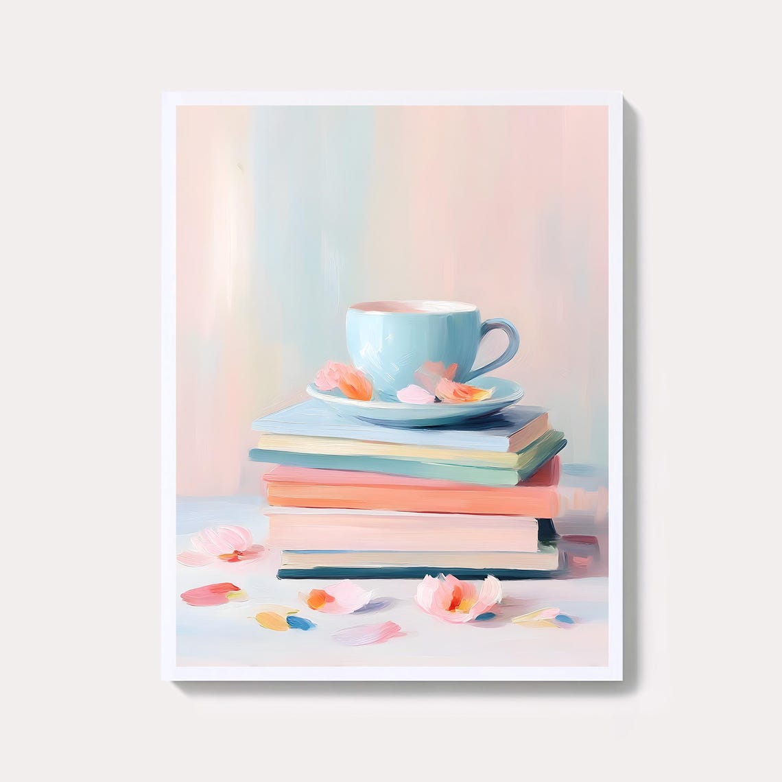 Pastel Blue Teacup On Stack Of Books With Petals Still Life Poster