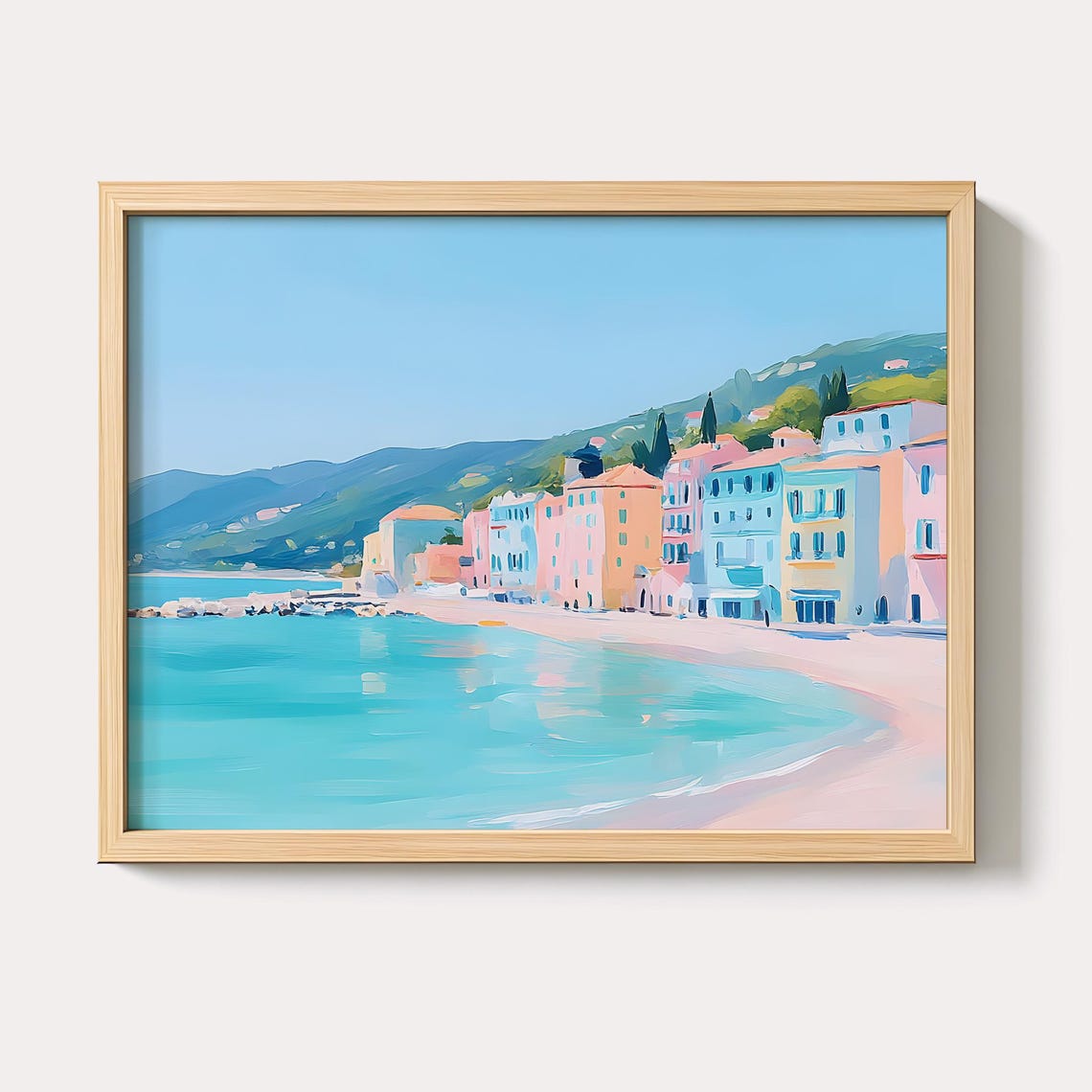 Pastel Coastal Town Painting Colorful Beach Houses Seaside Bay Poster