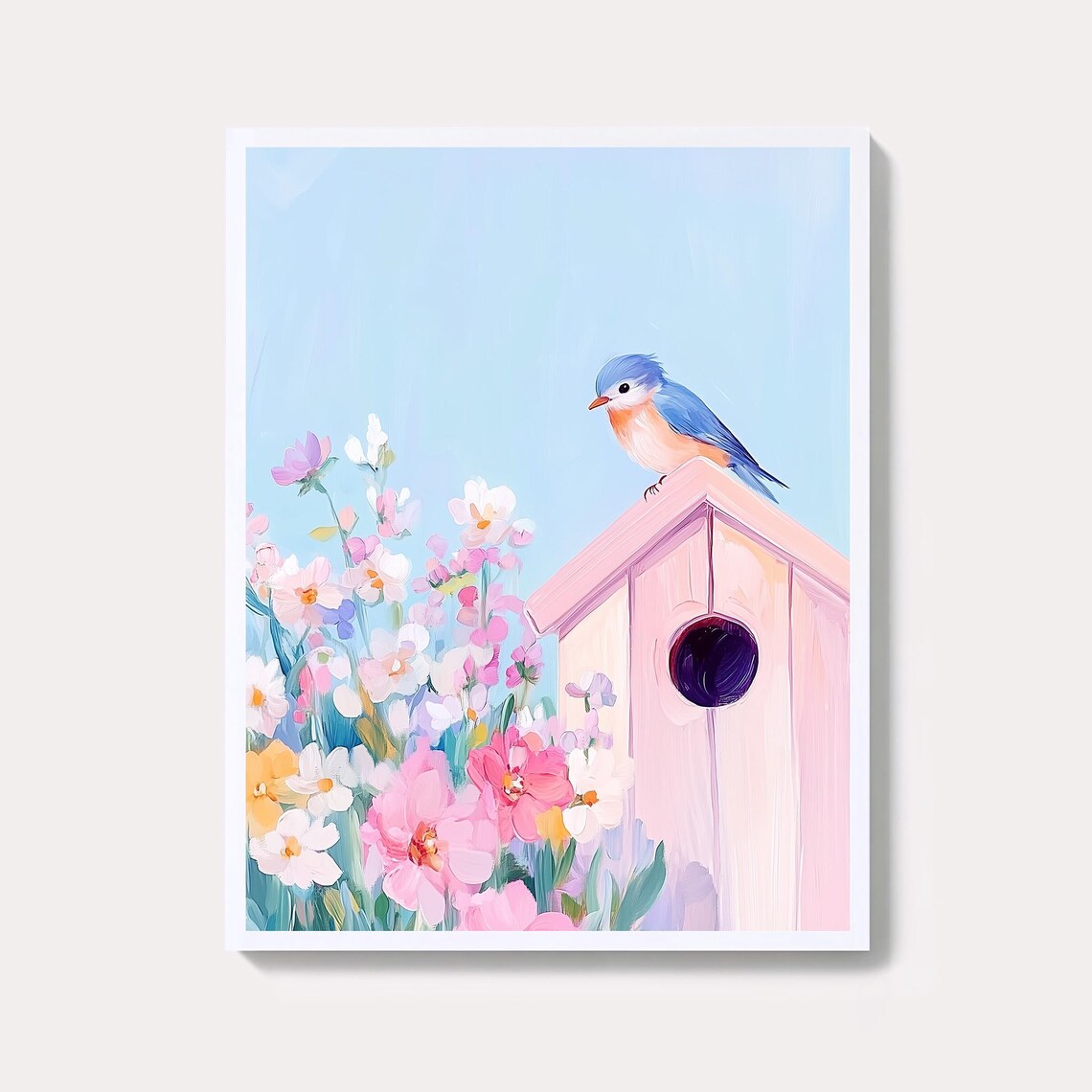 Sweet Bluebird on Pink Birdhouse Pastel Floral Garden Art Poster