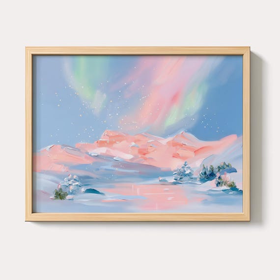 Aurora Over Pastel Mountains Painting Northern Lights Wall Art Print Dreamy Sky