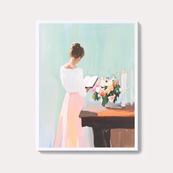 Vintage Pastel Woman Reading Book By Candlelight Figure Poster