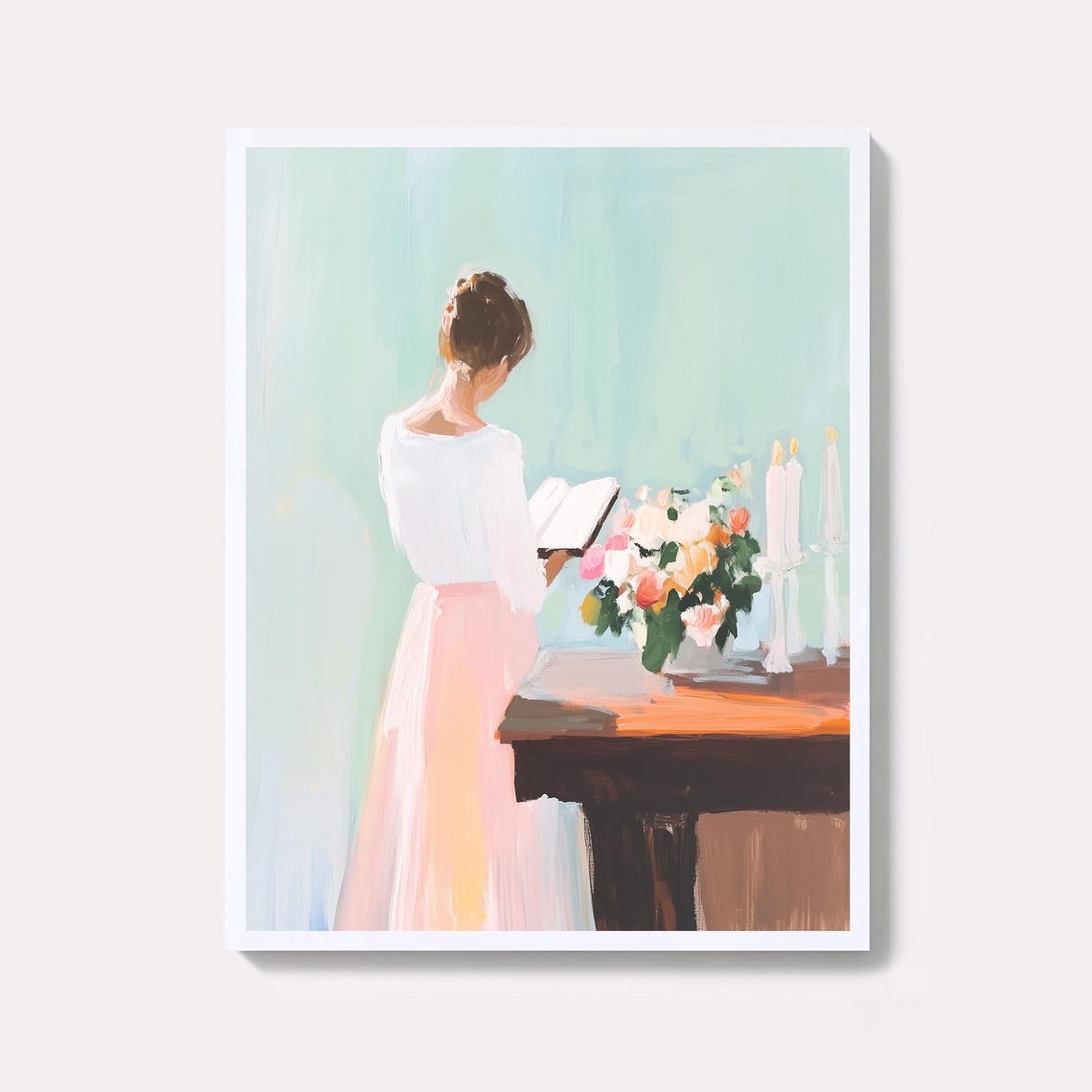 Vintage Pastel Woman Reading Book By Candlelight Figure Poster