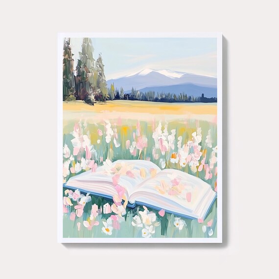 Open Book in a Wildflower Meadow Pastel Reading Scene Poster