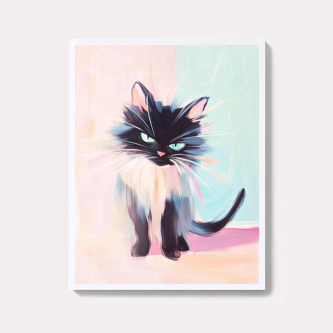 Quirky Fluffy Black Cat Watercolor Funny Feline Portrait Art Poster