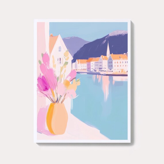 Bergen Norway Fjord Town Harbor With Pink Tulips Vase Wall Art
