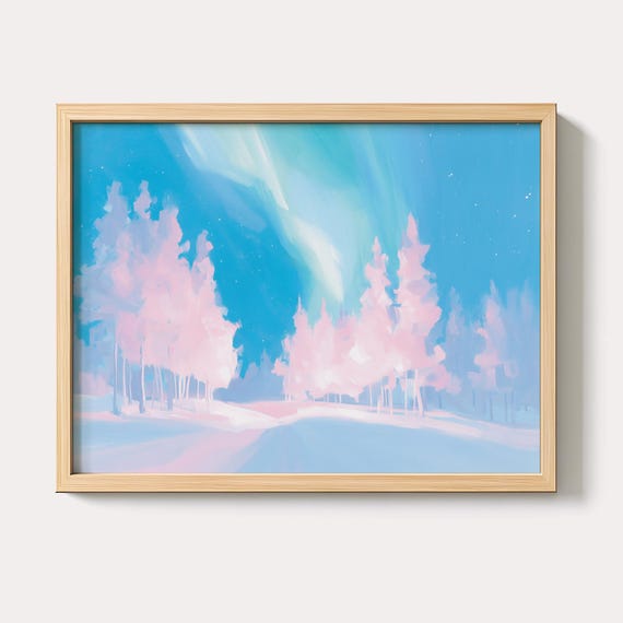 Pastel Winter Forest Painting Aurora Sky Wall Art Print Dreamy Snow Landscape