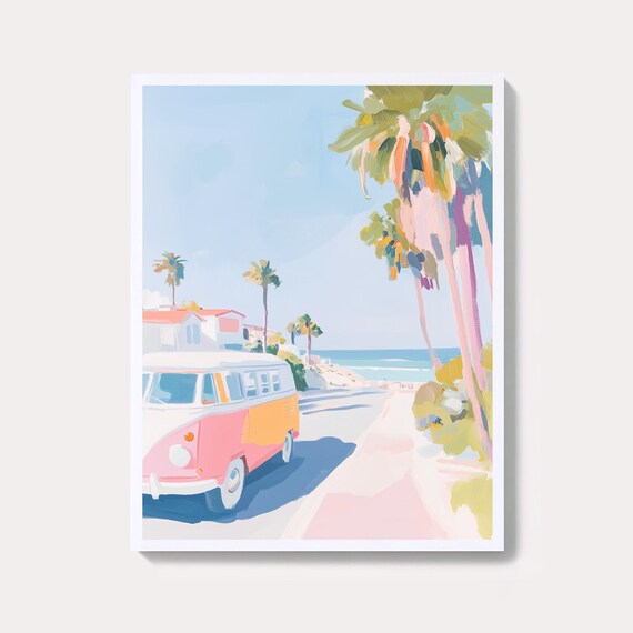 Pastel Coastal Van Painting With Palm Trees Beach Road Trip Poster