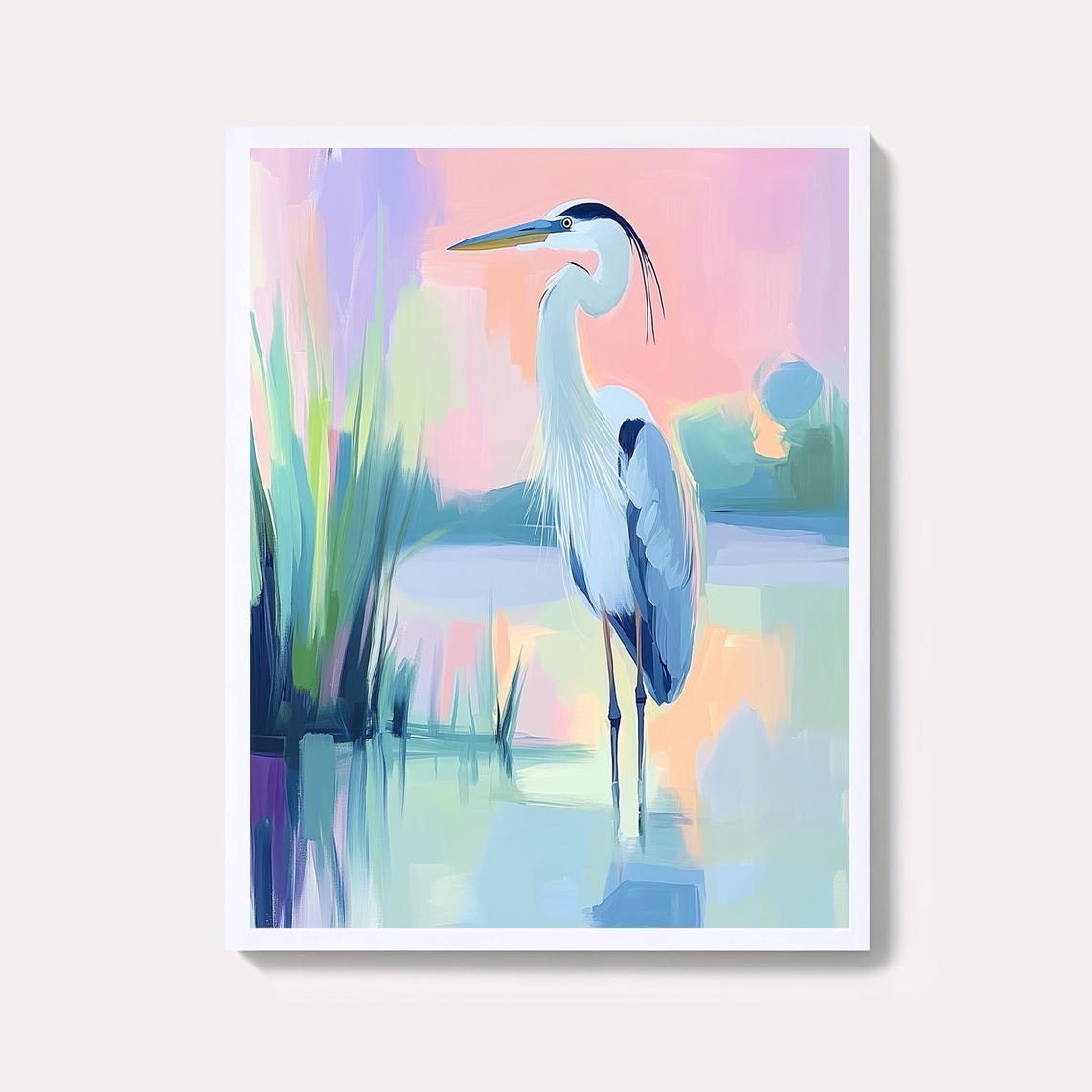 Great Blue Heron Pastel Marsh Painting Coastal Bird Wall Art