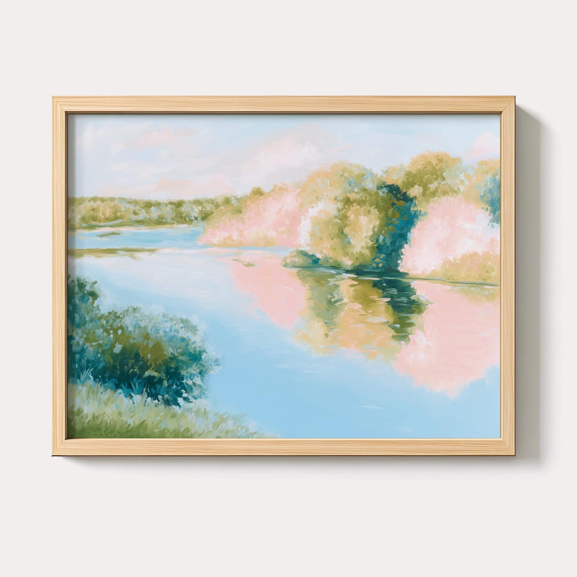 Pastel Pond Reflections Pink Trees Serene Landscape Art Poster