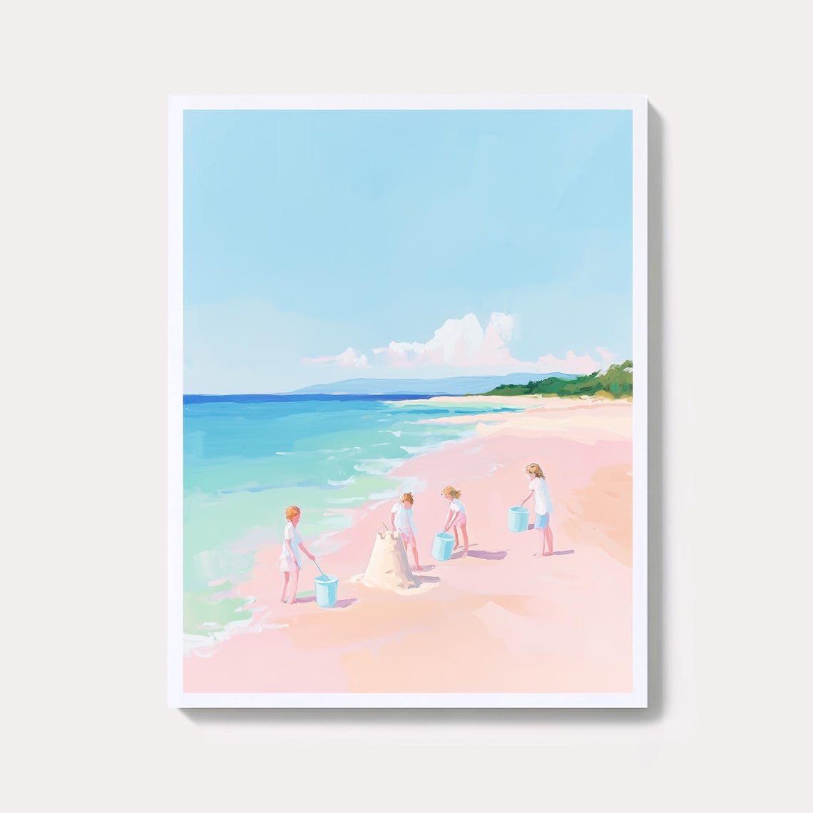 Four Children Building Sandcastle On Soft Pastel Beach Summer Poster