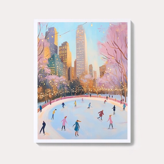 Central Park Ice Skating Rink Winter Night NYC Skaters Art Poster