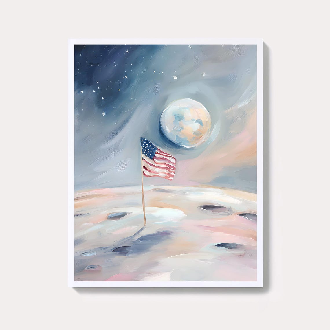 American Flag on the Moon with Earth Vintage Space Painting Poster