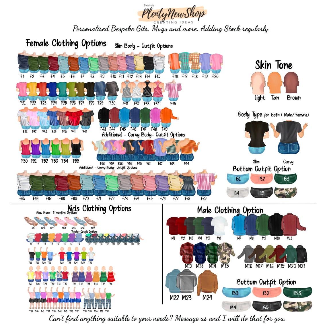Personalized Portrait Clothing and Skin Tone Options Guide Print