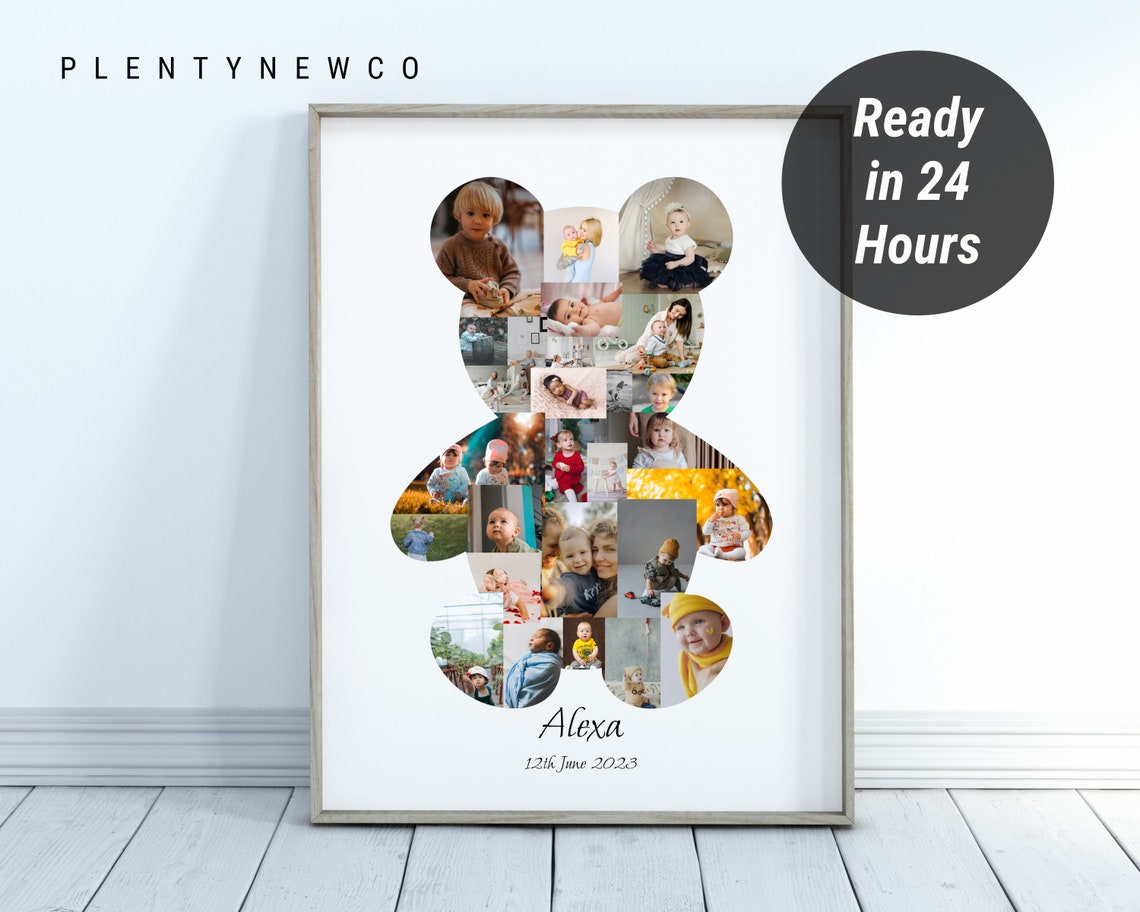 Teddy Bear Shape Custom Photo Collage Baby Shower Gift Poster