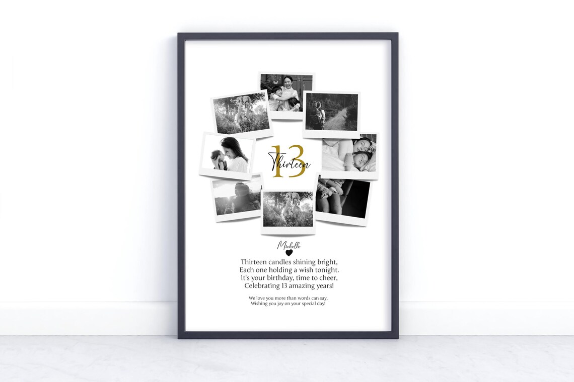 13th Birthday Photo Collage Poster with Golden Thirteen Number Gift