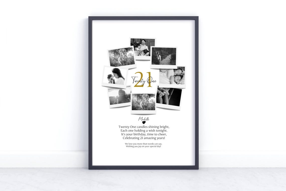 21st Birthday Photo Collage Poster with Golden Twenty One Number Gift