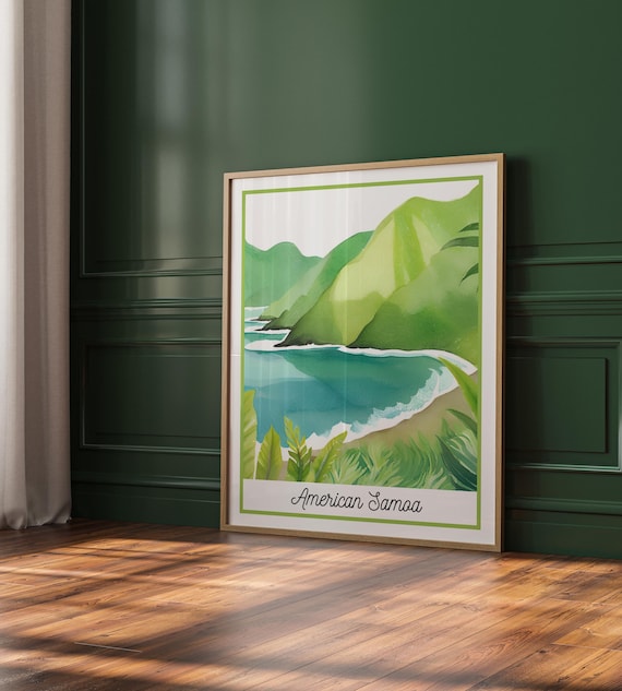 American Samoa Tropical Bay Green Mountains Turquoise Water Art Poster