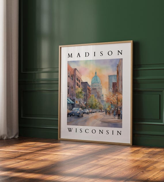 Madison Wisconsin Wall Art Skyline City Print Travel Poster Watercolor Capitol