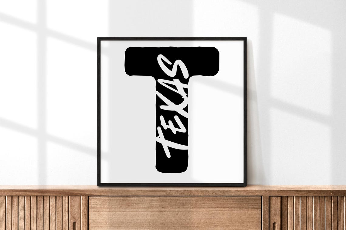 Texas State Large Letter T Black White Minimalist Typography Print
