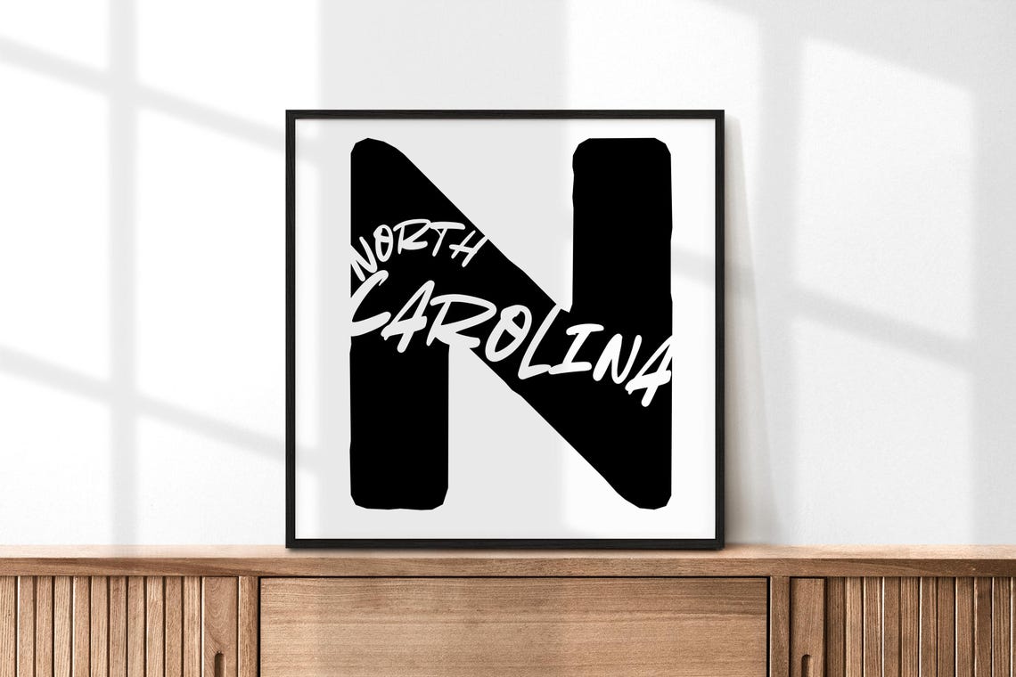 North Carolina Letter N Monogram Black White Typography Poster