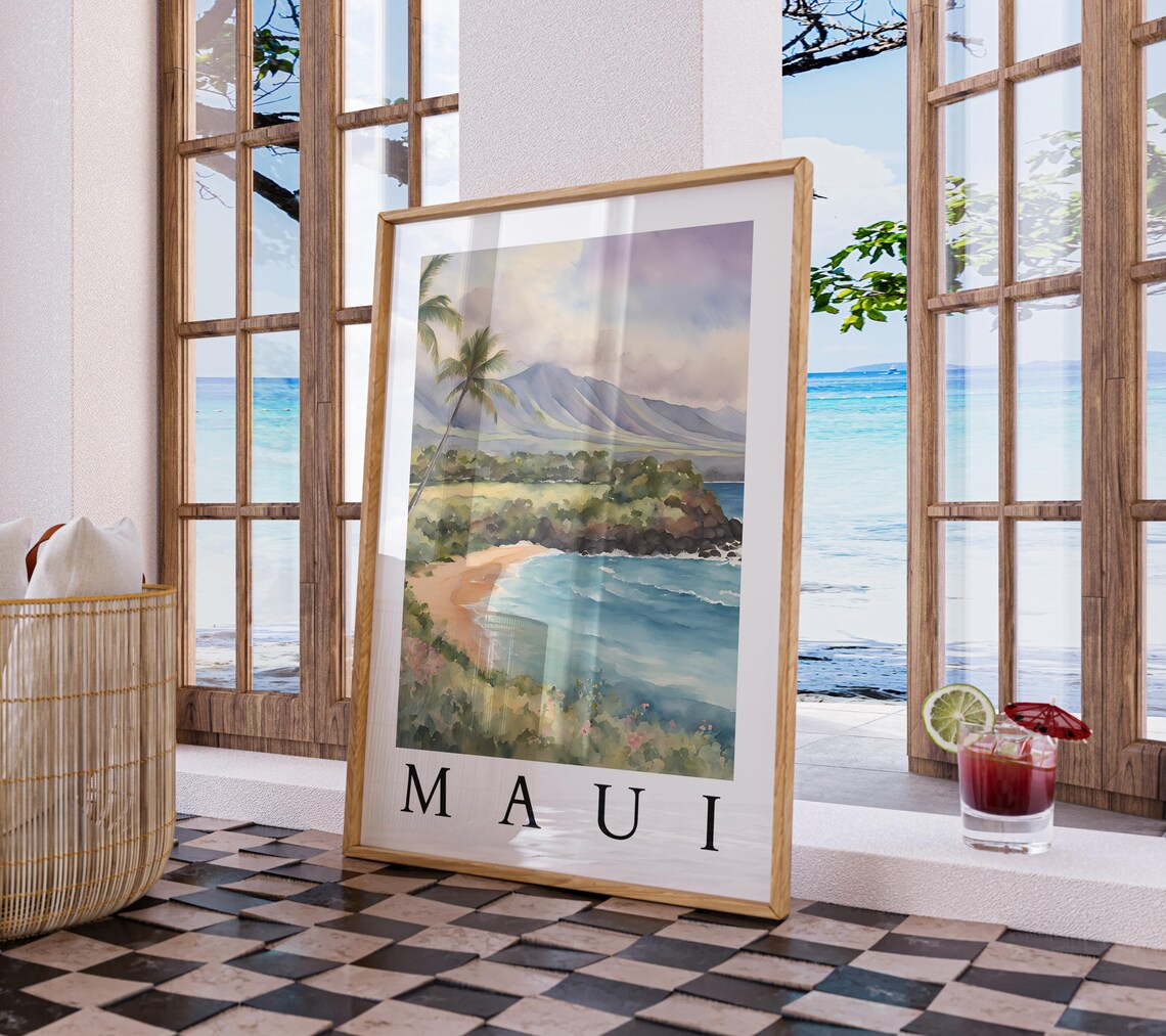Maui Hawaii Watercolor Art Print, Tropical Beach Scene